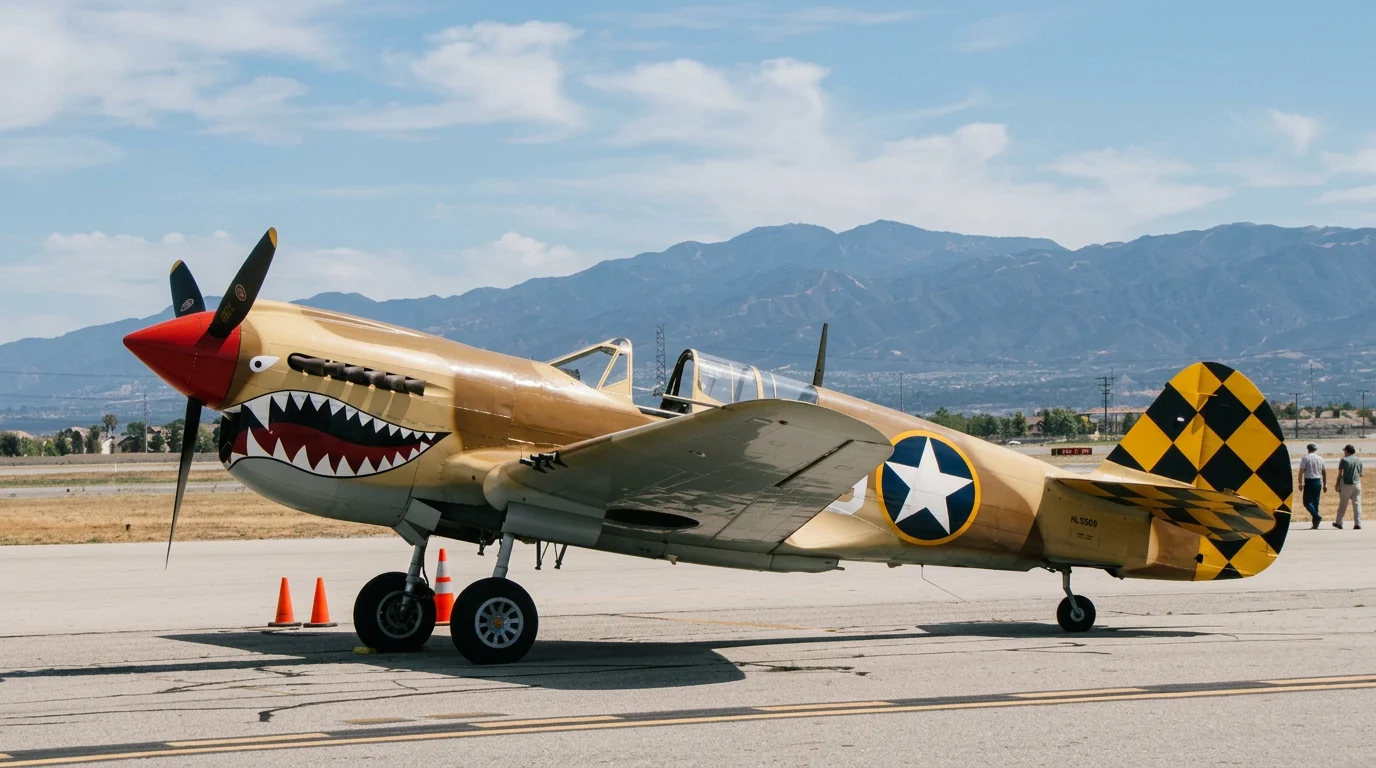 Vintage P-40 fighter with shark-mouth nose art at Chino Airport, Planes of Fame