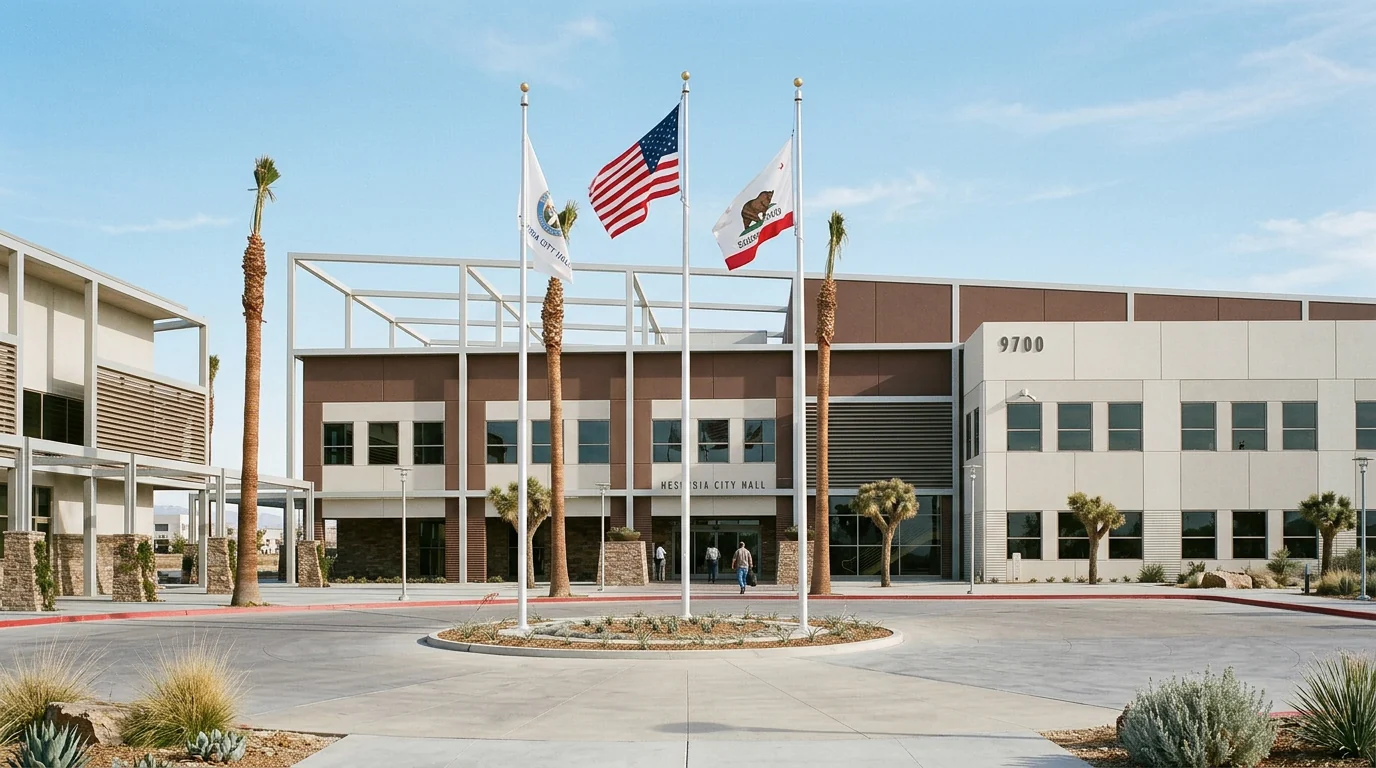 Hesperia City Hall with flags and Joshua trees in the High Desert