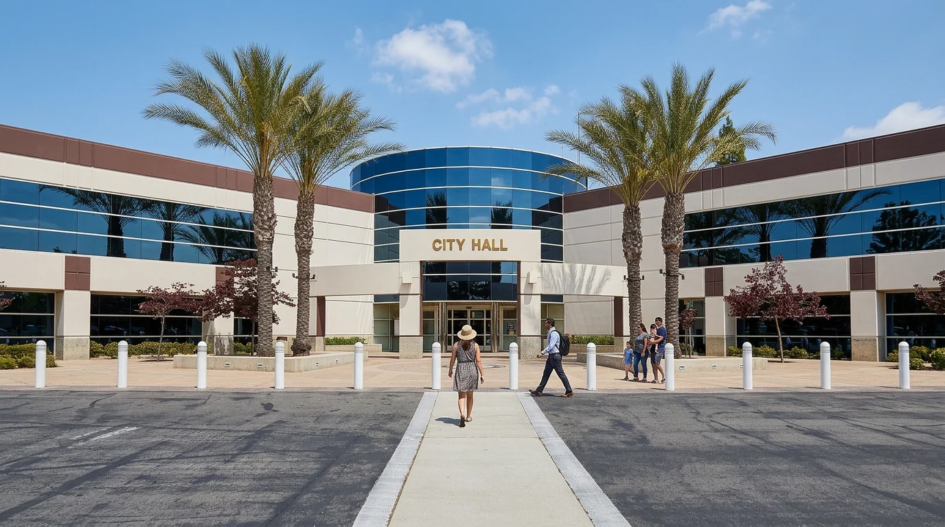 Moreno Valley City Hall and its palm trees on a sunny day