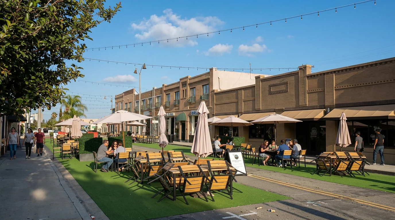 Outdoor dining at Placita Santa Fe in Old Town Placentia