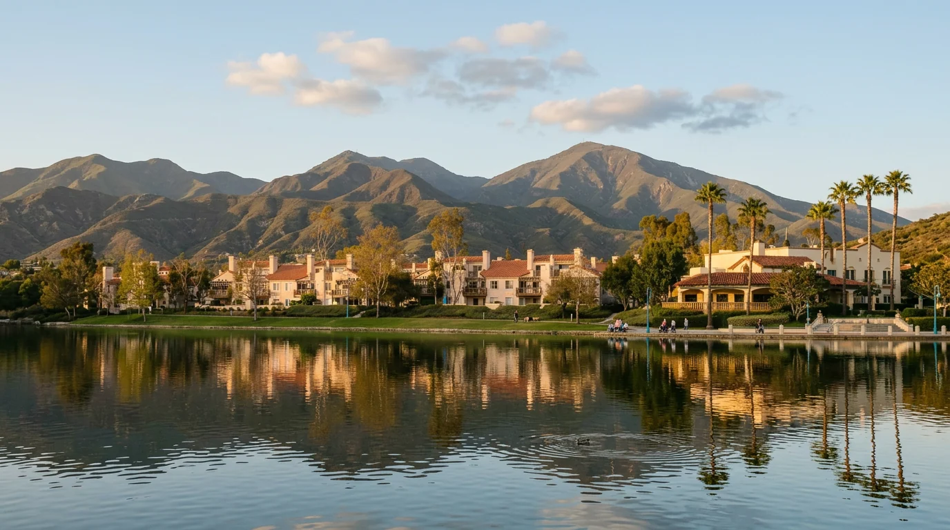 Rancho Santa Margarita Lake with the Saddleback Mountains behind at golden hour