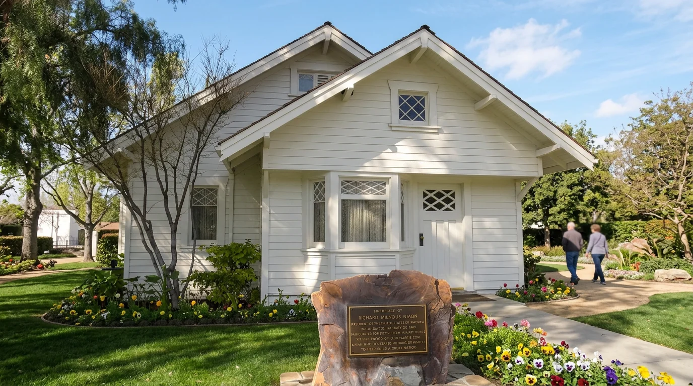 Historic white farmhouse at the Nixon Library in Yorba Linda