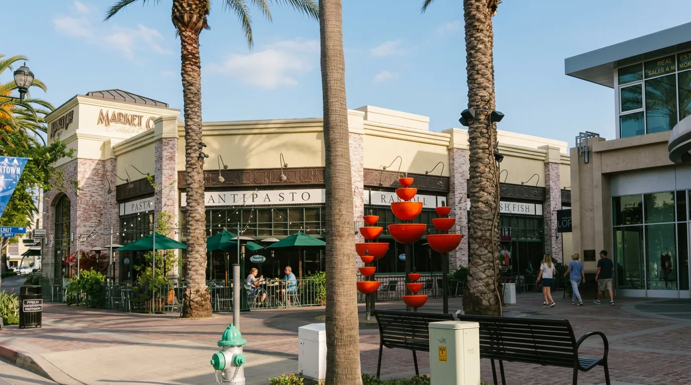 Palm-lined Birch Street promenade in Downtown Brea