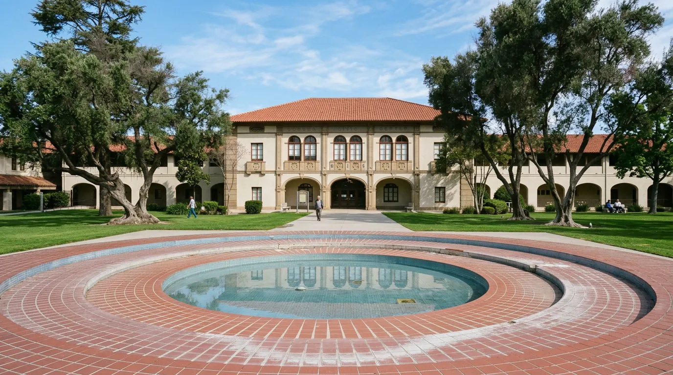 Historic Corona Civic Center building and its fountain plaza