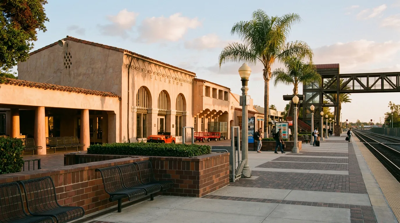 Historic Fullerton Santa Fe train depot and platform at golden hour
