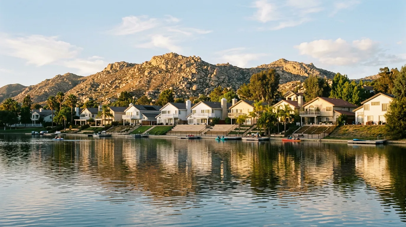 Lakefront homes at Sunnymead Ranch Lake in Moreno Valley below the Box Springs Mountains