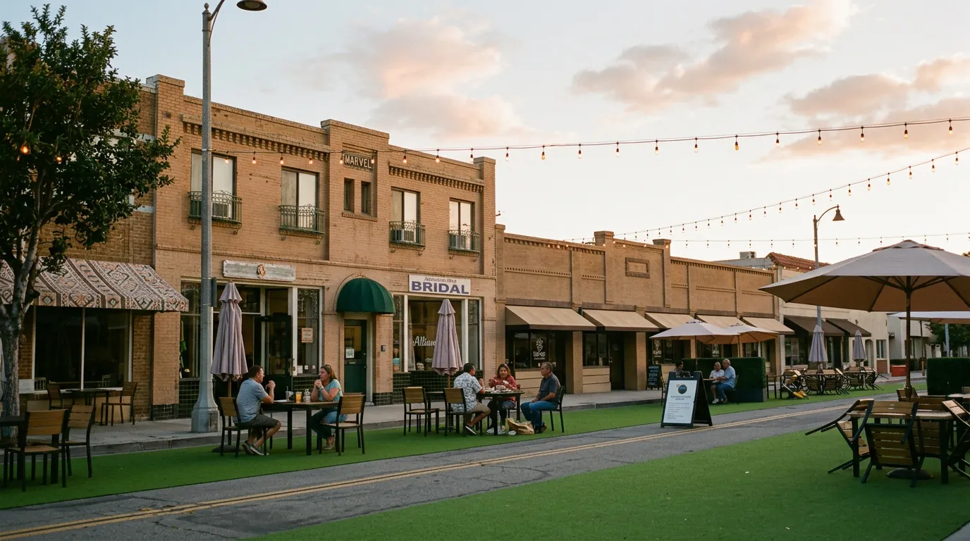 Outdoor dining at Placita Santa Fe in Old Town Placentia at dusk