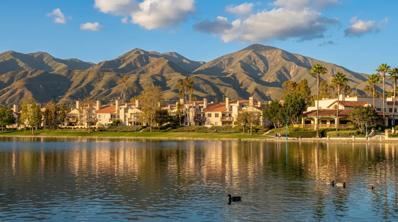 Lake Santa Margarita with lakefront homes and the Saddleback Mountains behind