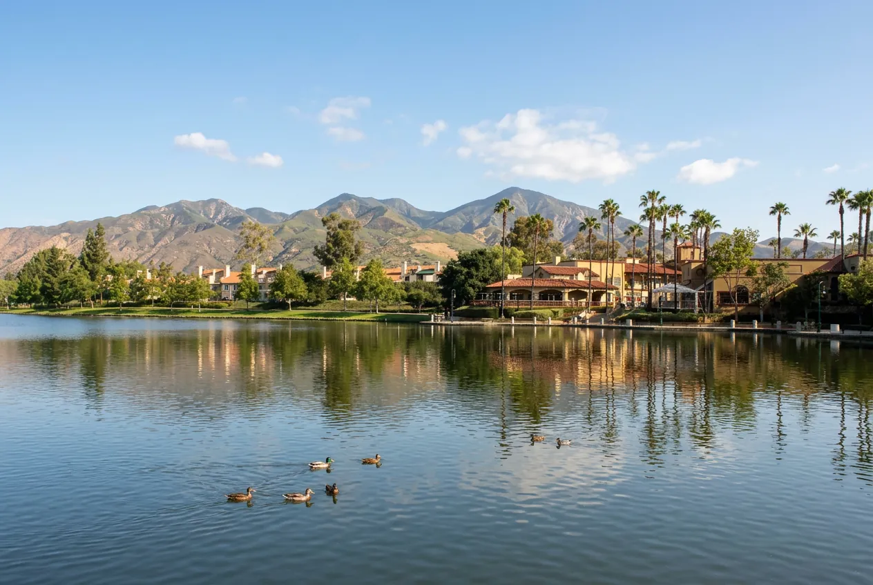 Lakefront homes in Rancho Santa Margarita with the Saddleback Mountains behind