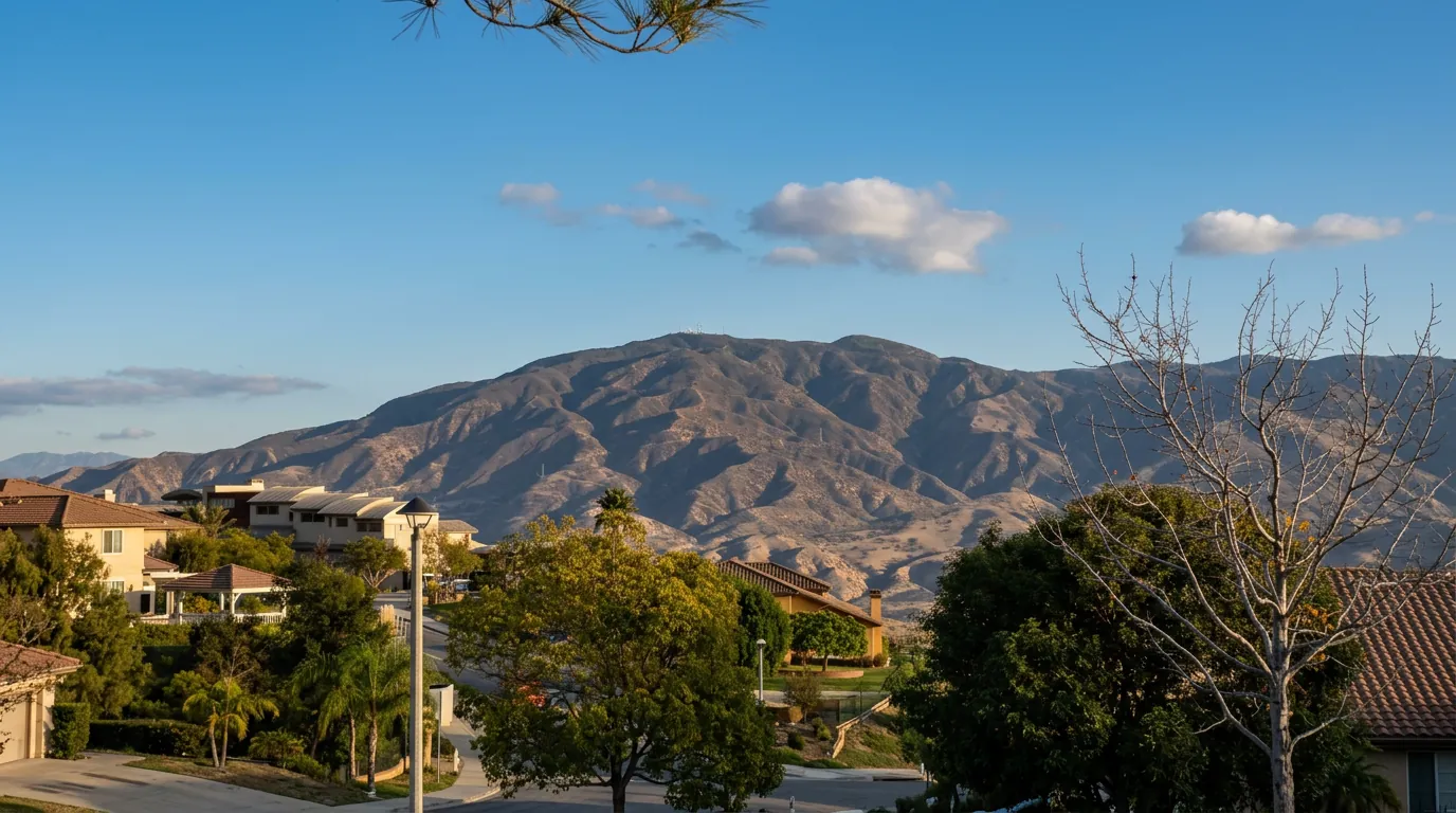 Yorba Linda hillside homes with the Santa Ana Mountains behind them