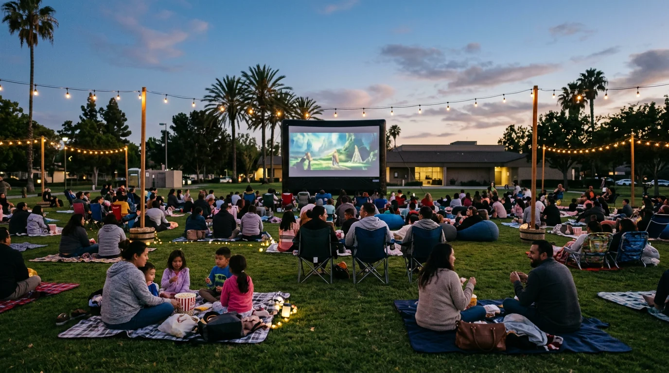 Outdoor movie screening at dusk