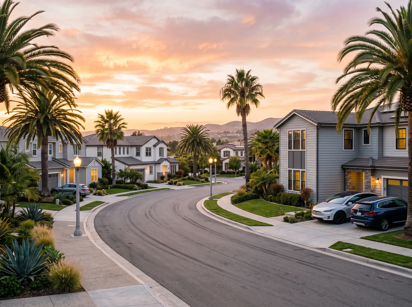 Modern Southern California home at dusk