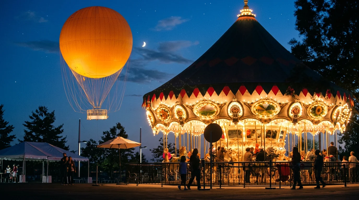 Hot air balloon rising over a park